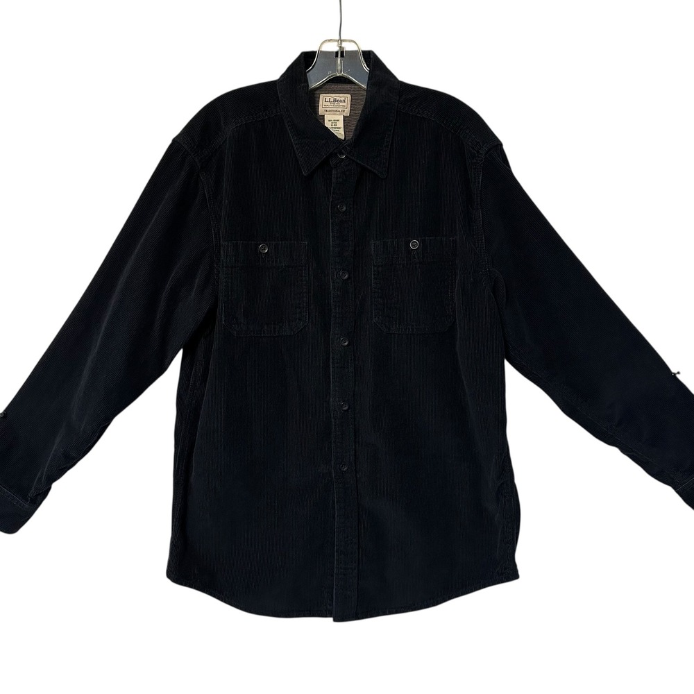 LL Bean Mens Traditional Fit Corduroy Button Up‎ Shirt Long Sleeve Black M